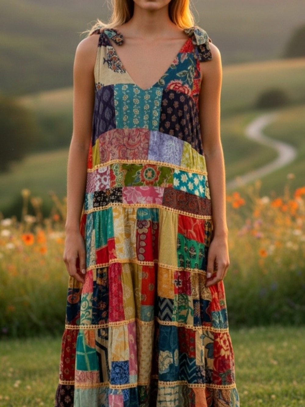 POL Patchwork Tiered Maxi Dress - Multicolor
